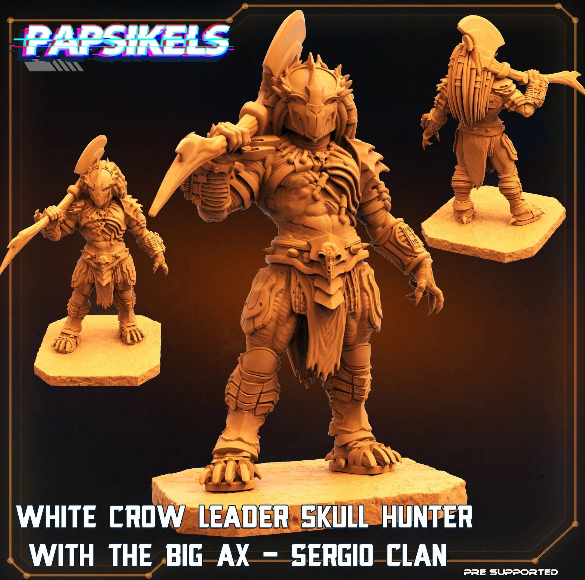 The image is a collage of three 3D models of a character, depicting a white crow-like figure with a skull-like head, wearing a helmet and holding a spear. The character is described as a leader, a skull-hunter, and a skull-hunter with the big ax, suggesting a dynamic and powerful character.