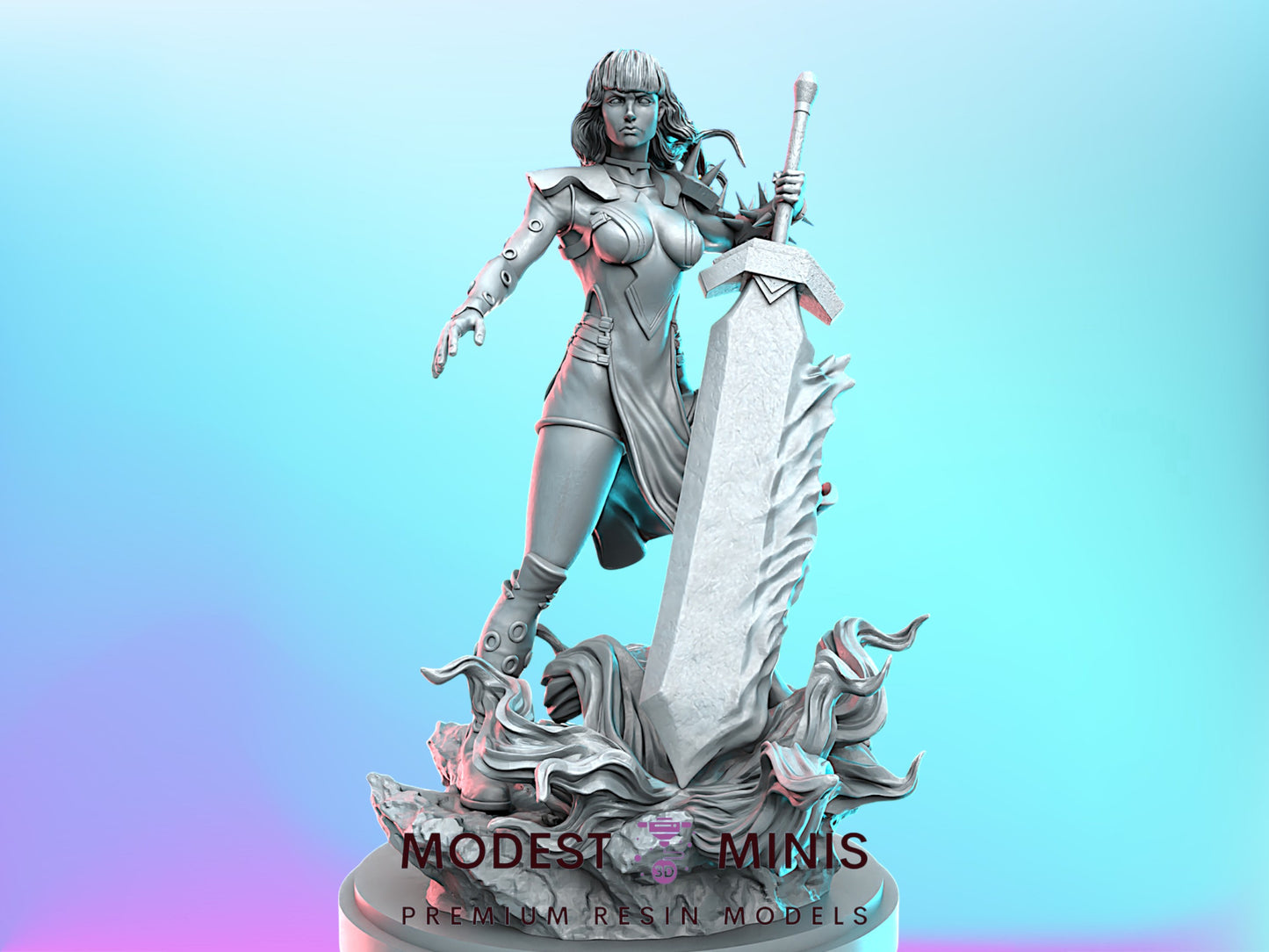 A 3D model of a female warrior figure holding a sword, standing on a rocky base against a blue background.