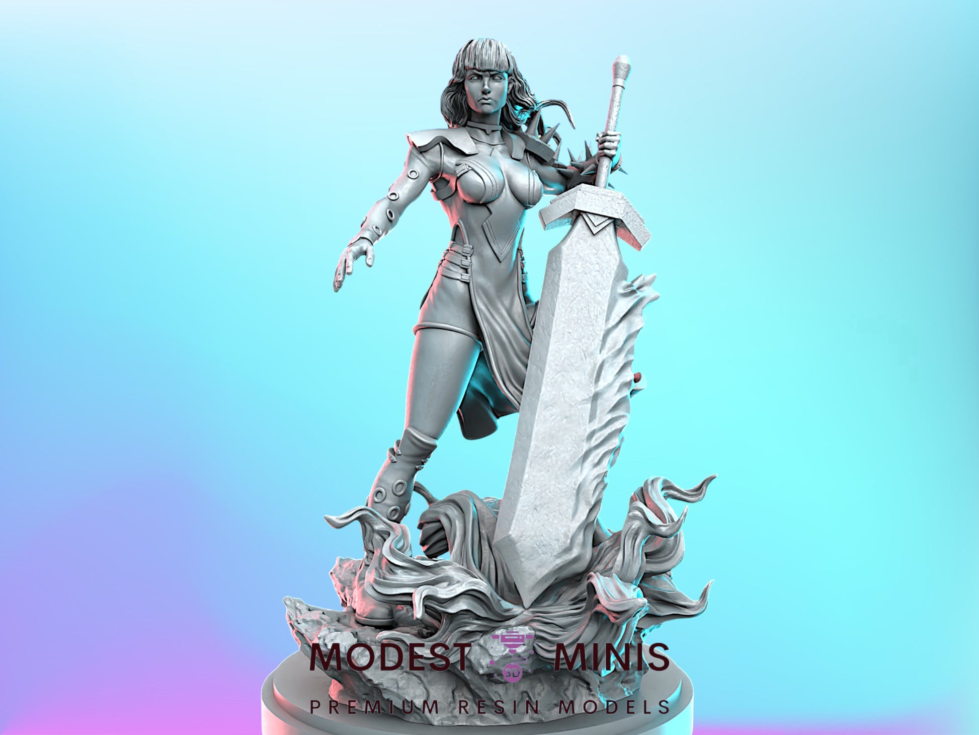 A 3D model of a female warrior figure holding a sword, standing on a rocky base against a blue background.
