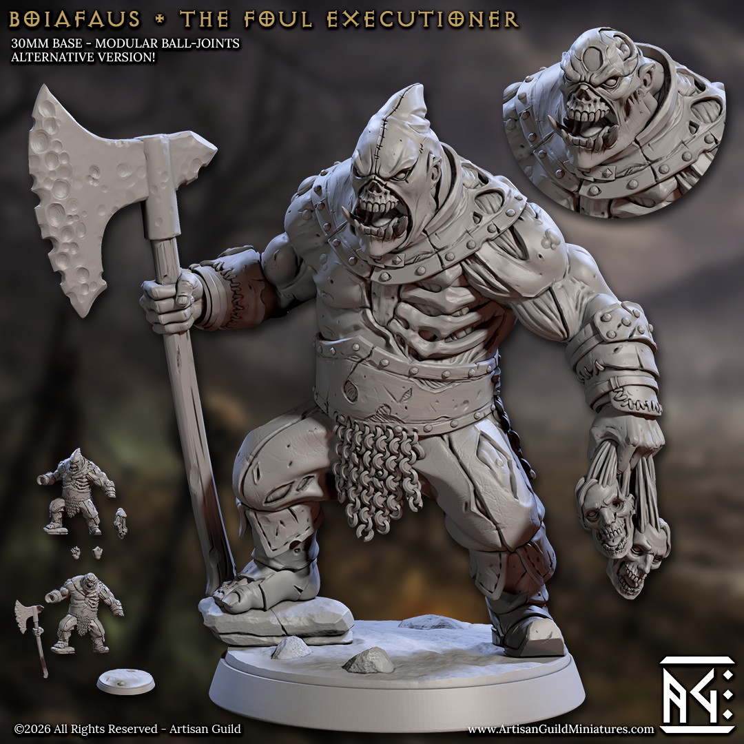 The image is a 3D model of a character named Bojafauus, who is the "Foul Executior". The character is depicted in a dynamic pose, holding a large weapon and surrounded by various other weapons and items. The image also includes a close-up view of the character's face, providing a detailed look at the character's features and facial expression.