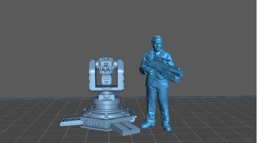 A 3D model of a person holding a large gun, standing next to a futuristic-looking device or machine.