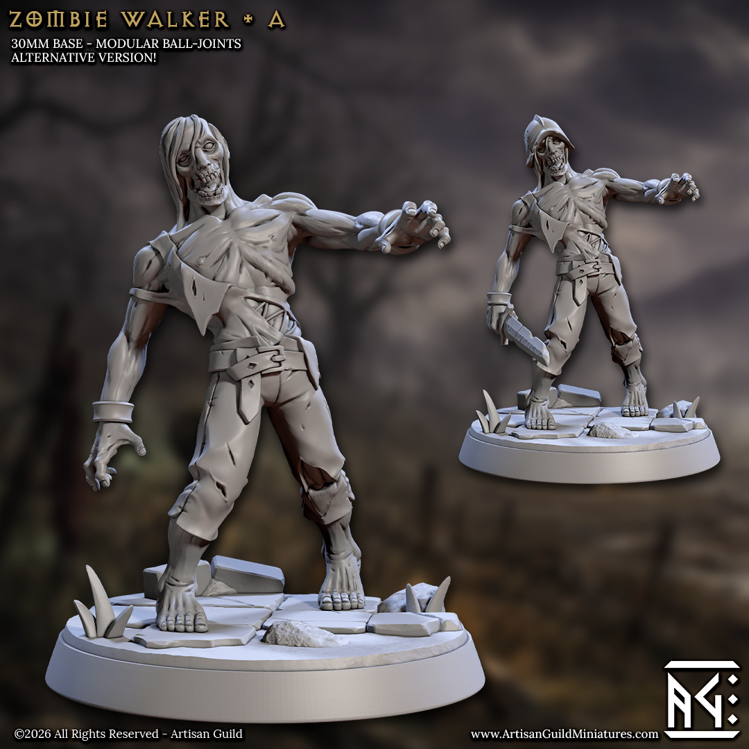 two zombie-like figures, one standing upright and the other lying down, both on a base. The base appears to be a modified ball-joints version of a zombie walker. The background of the image is blurred, making it difficult to discern any additional details.