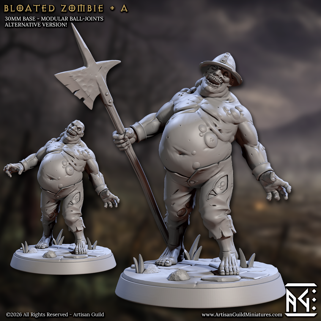 a 3D model of a zombie character, including a large, fat zombie with a spear, standing on a base.