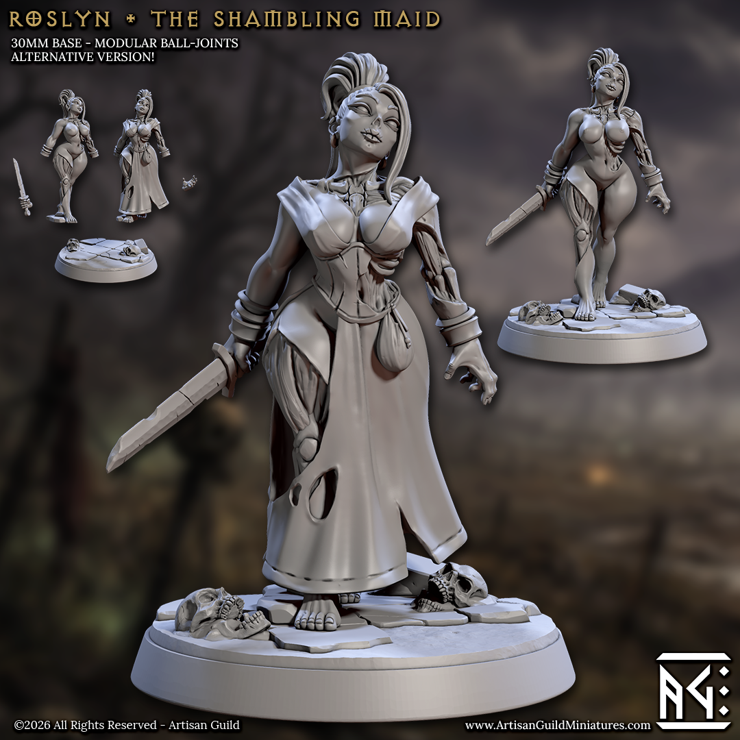 The image is a 3D rendering of a female character named Roslyn, who is depicted as a shambling maid. She is shown in various poses, holding a weapon and standing on a base. The image is a collage of different views of Roslyn, showcasing her from different angles and perspectives.