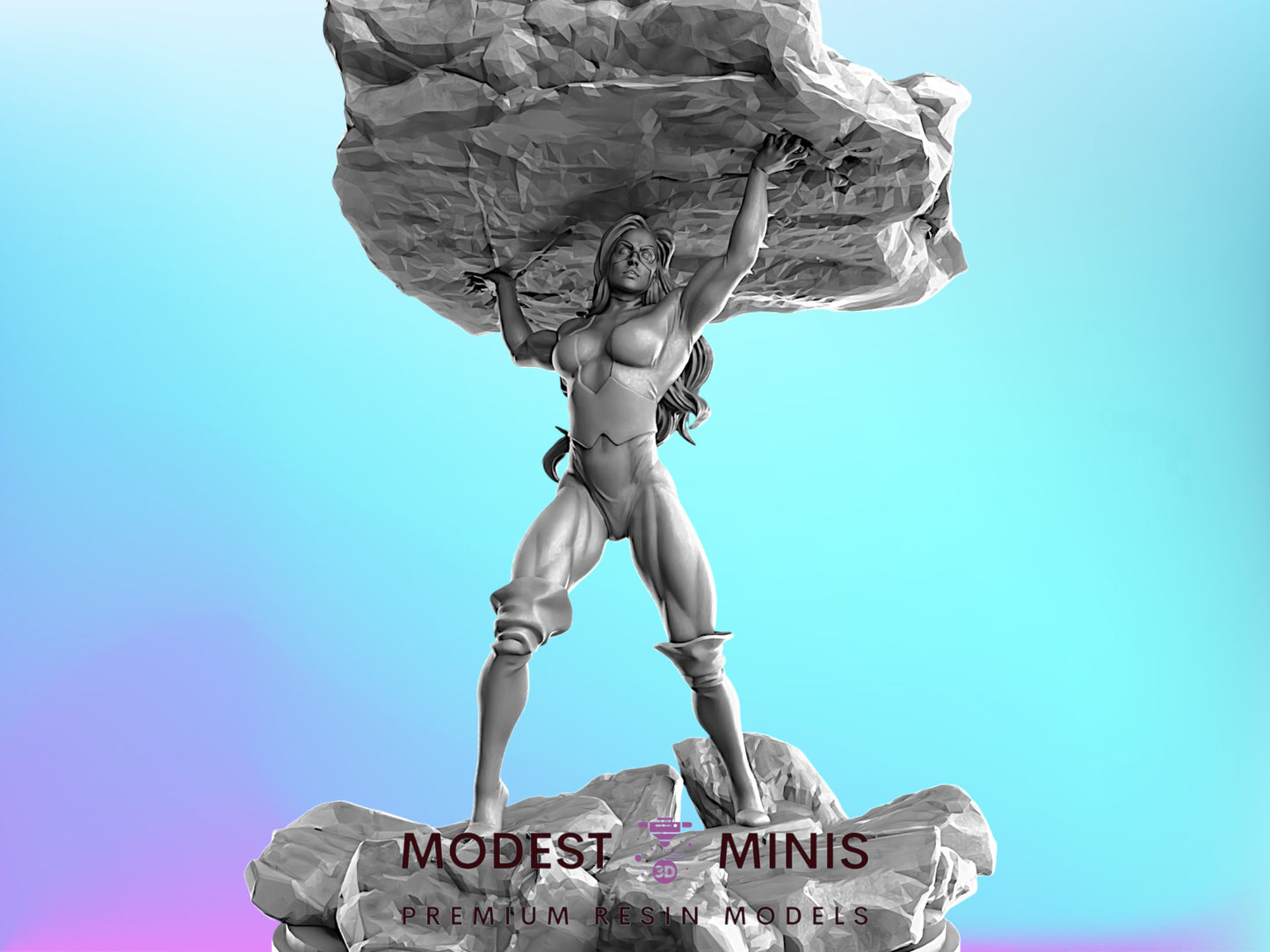 A statue of a muscular woman lifting a large rock on a rocky outcropping.