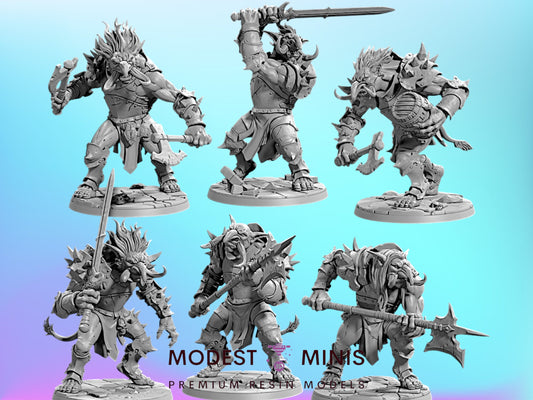 six detailed figurines of fantasy creatures, each with unique armor and weapons, set against a blue background.