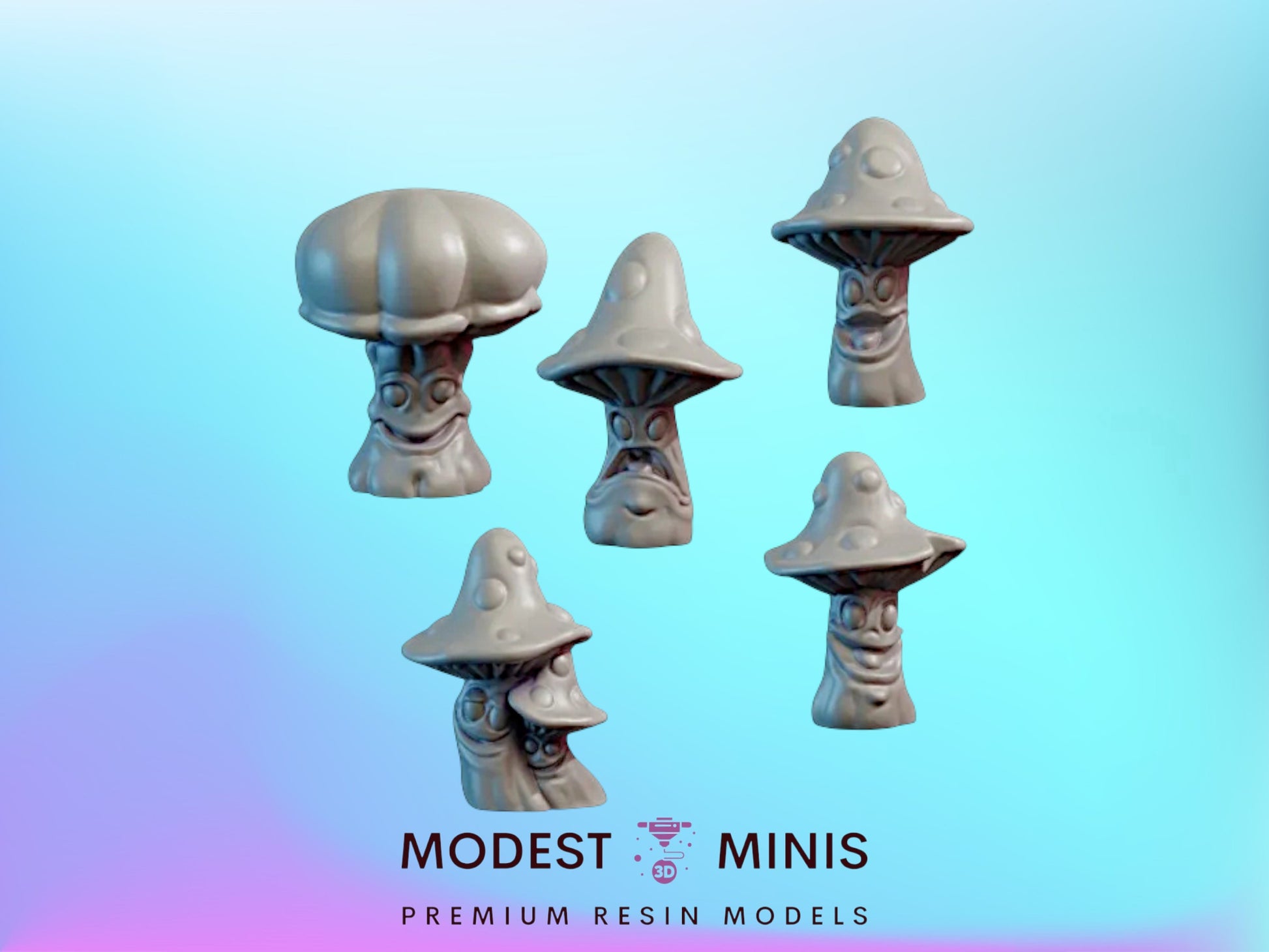 five whimsical, mushroom-shaped figurines with expressive faces, arranged against a gradient blue background.