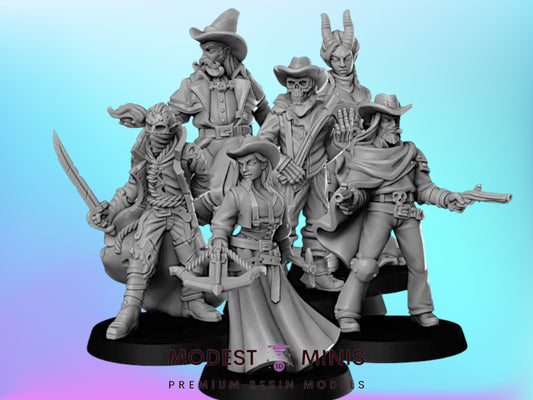 a group of five figurines, each with unique attire and weapons, set against a blue background.