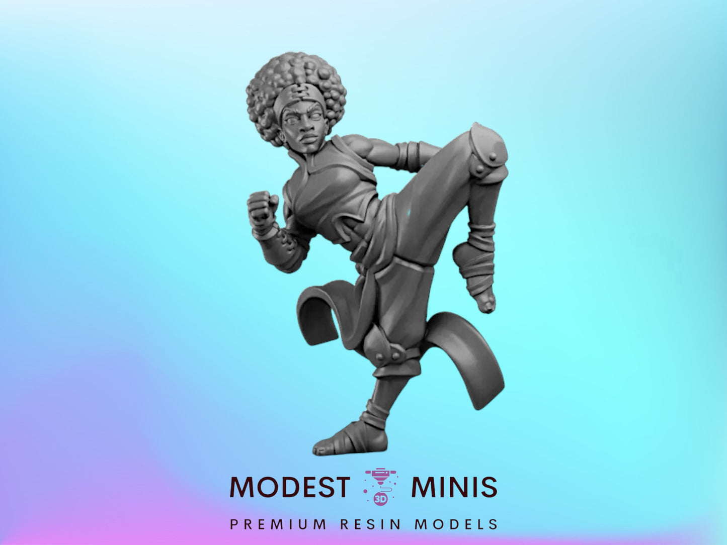 A figurine of a person in a fighting stance, with a large afro hairstyle and a determined expression, against a blue gradient background.