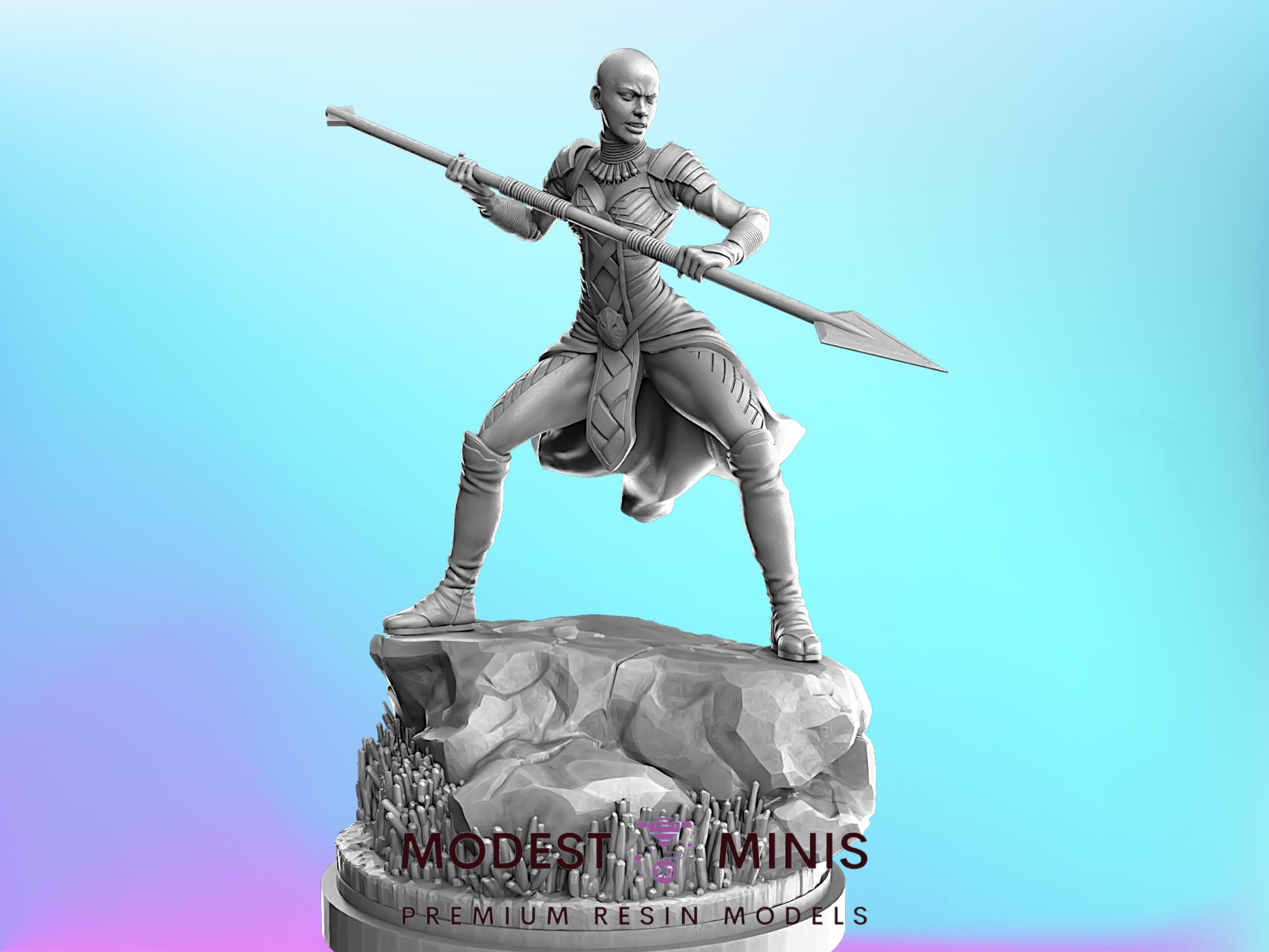 A 3D model of a female warrior figure holding a spear, standing on a rock formation against a blue background.