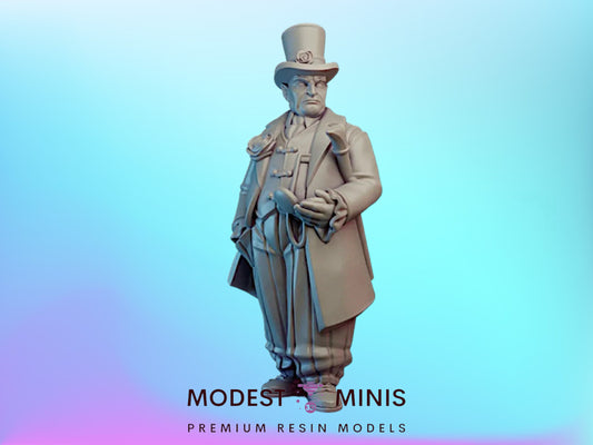 A statue of a man wearing a top hat and coat, standing against a blue background.