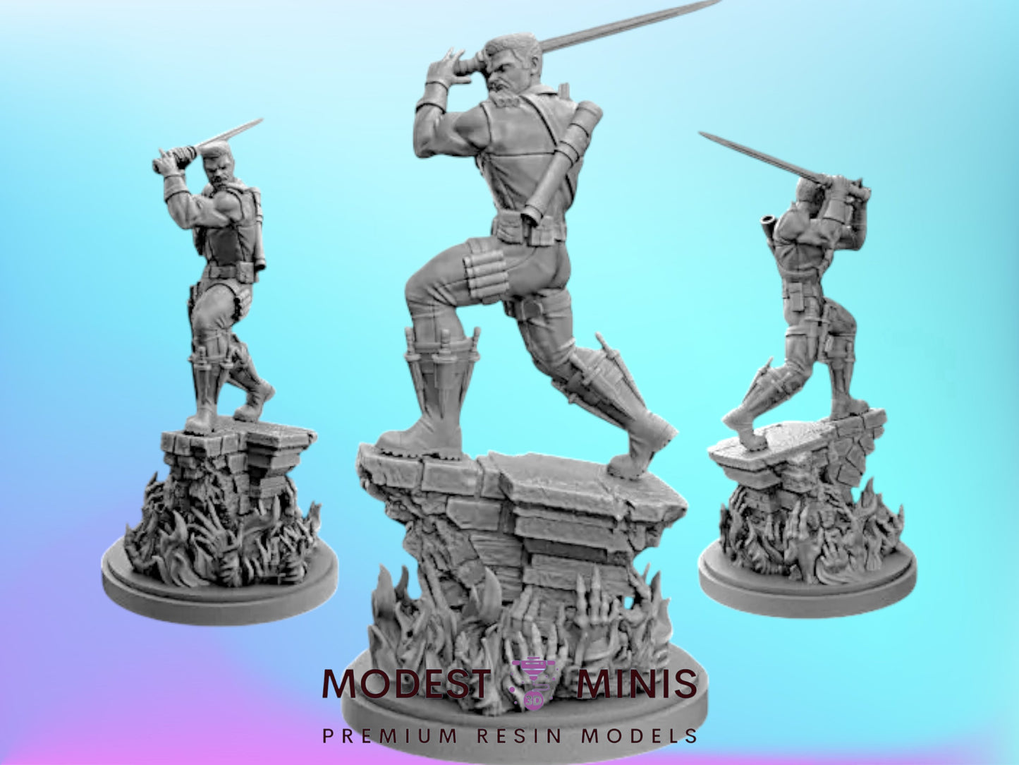 three figurines of a character with a sword, set against a blue background.
