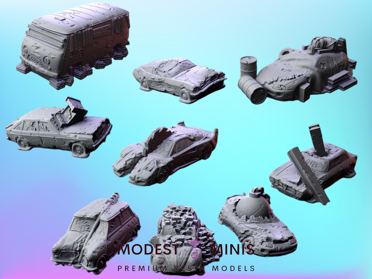 Wrecked Cars 12pc Set | 20mm | 54mm Scale | Wasteland | Survivor Terrain | Fantasy Scatter | Sci Fi Terrain | Gaslands