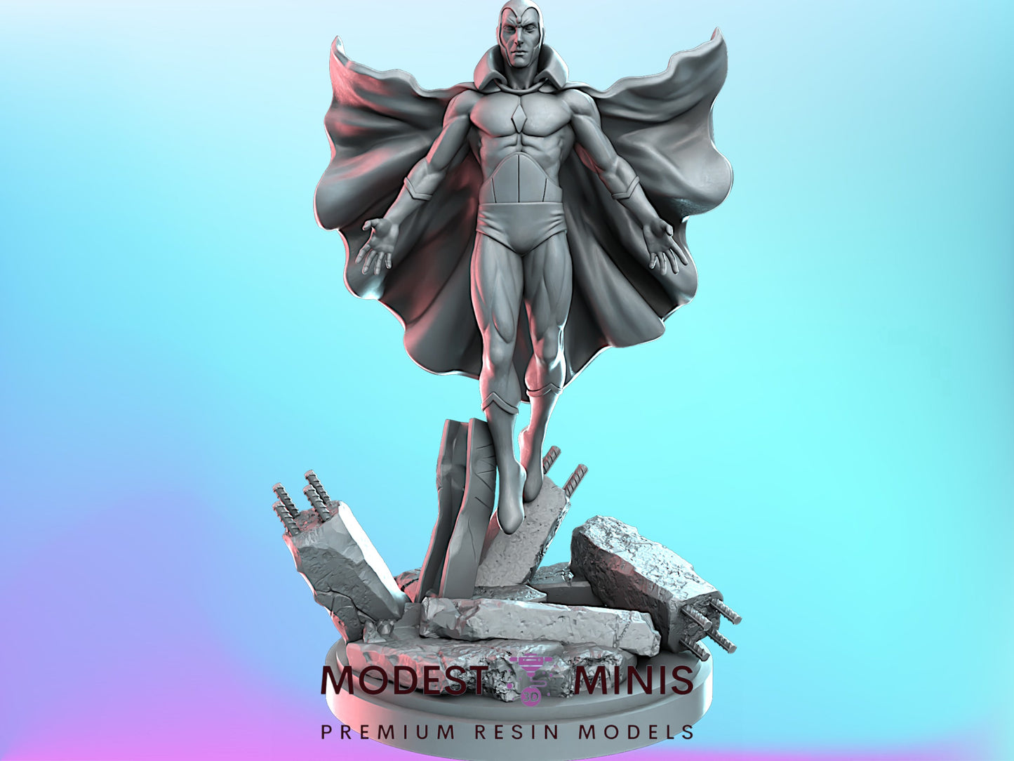 A 3D model of a superhero statue with a cape, standing on a pile of rubble and debris.