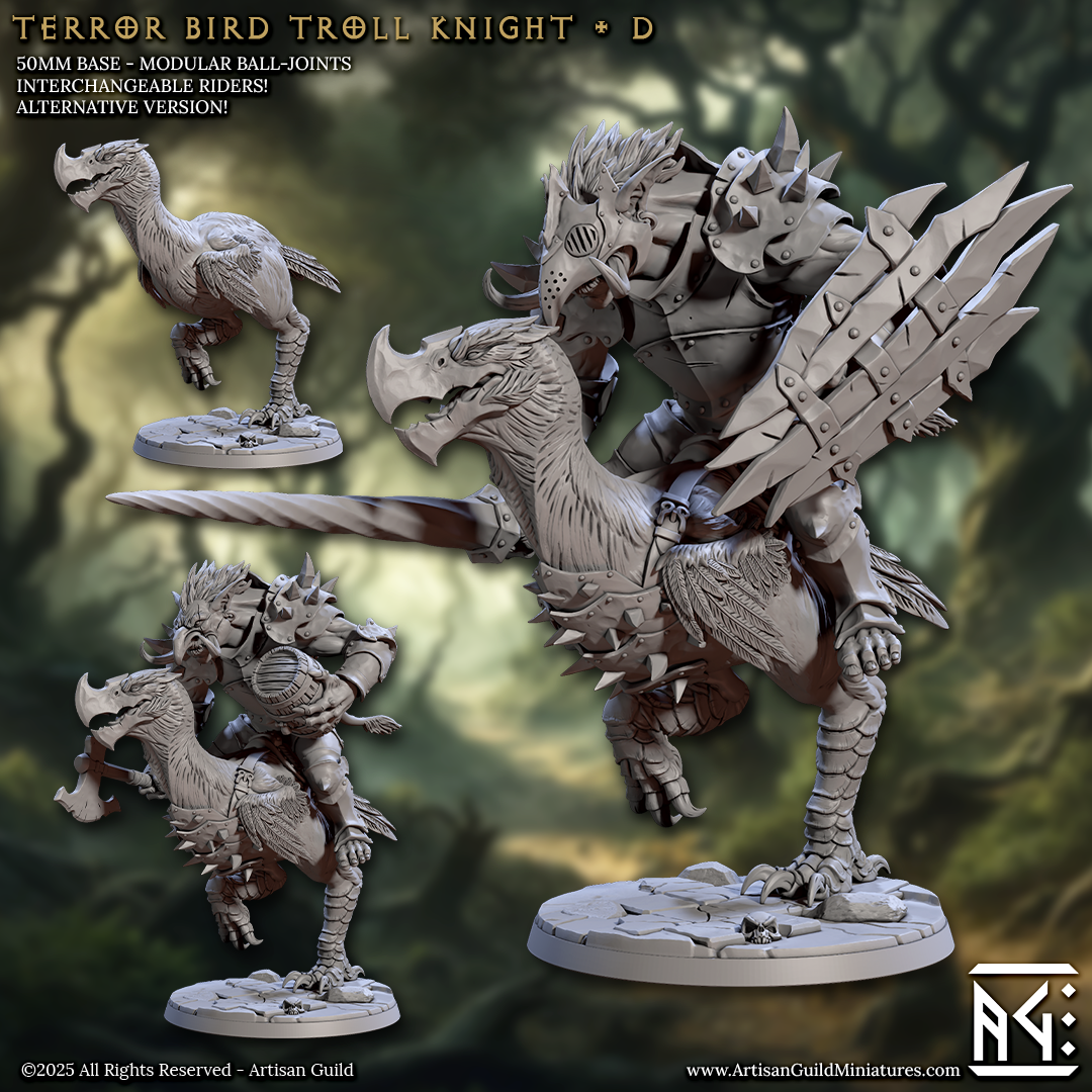 The image is a 3D model of a fantasy creature, possibly a dragon or a mythical bird-like creature, with a human-like appearance. The creature has a large head, sharp teeth, and a long, curved beak. It is standing on a base and holding a weapon, which could be a sword or a spear. The image is a collage of three different views of the creature, showcasing its unique features and design.