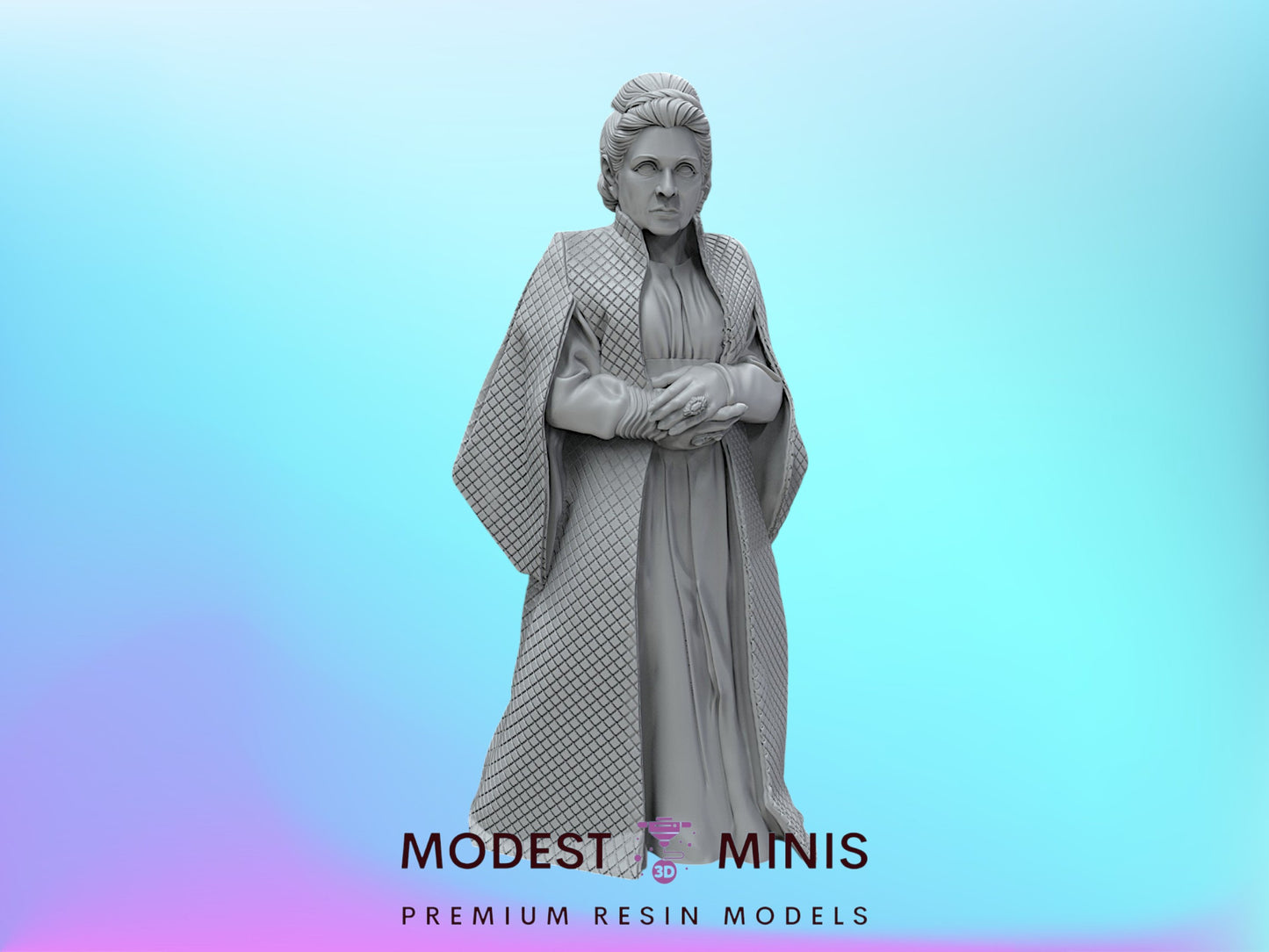 A statue of a woman wearing a long robe and standing with her arms crossed against a blue background.