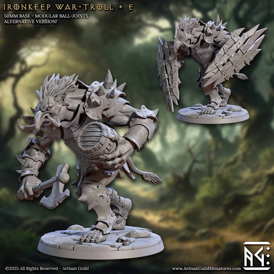 two detailed models of a fantastical creature, likely a mythical or magical being, with intricate armor and weapons. The creature is shown in various poses, with one standing on a platform and the other in a fighting stance. The background is a blurred, natural landscape, which adds to the overall aesthetic of the image.