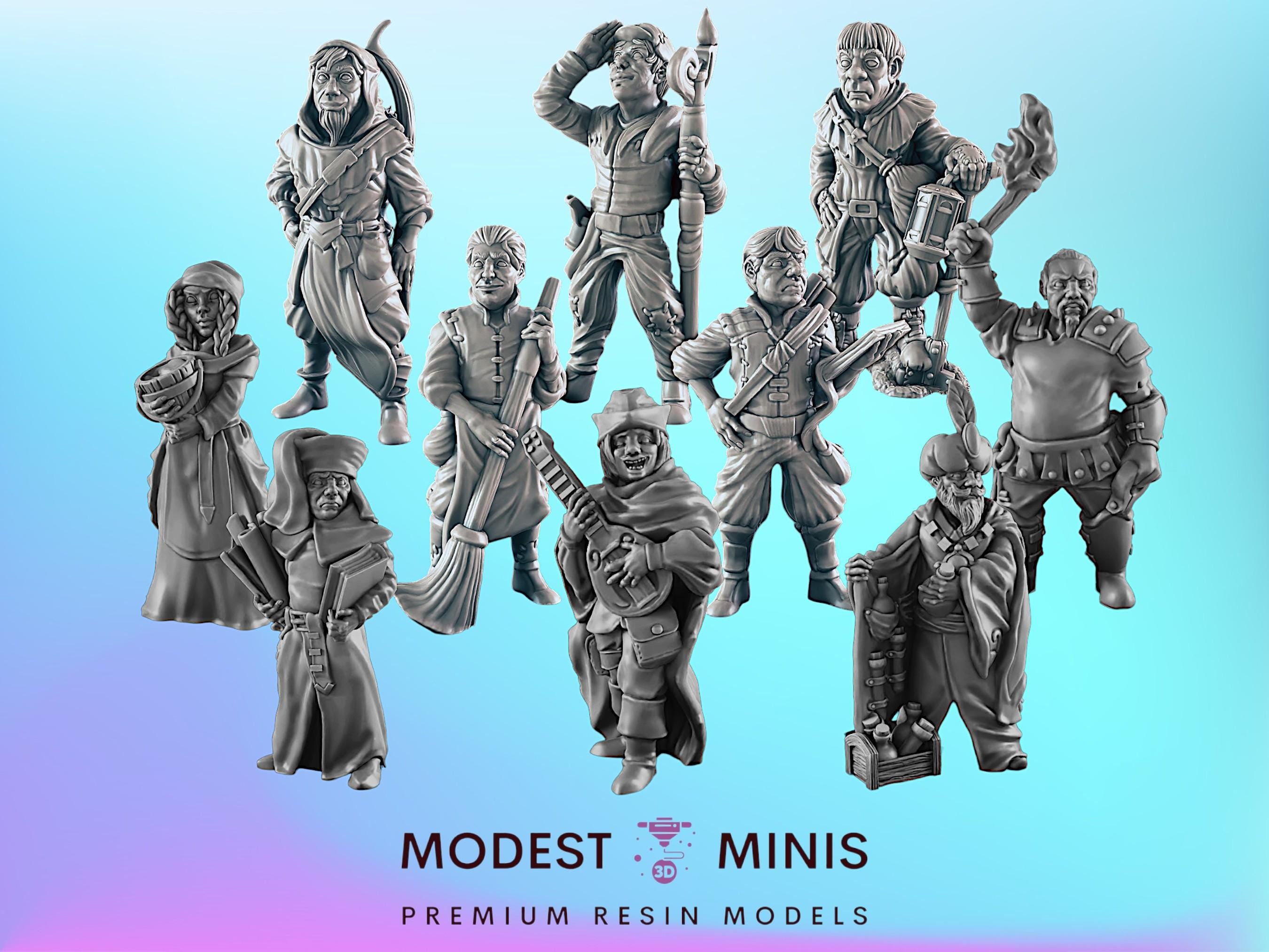Modest Scale 10pc Human Commoners | 25mm - 100mm Scale | DnD | EC3D Fantasy Mini ...