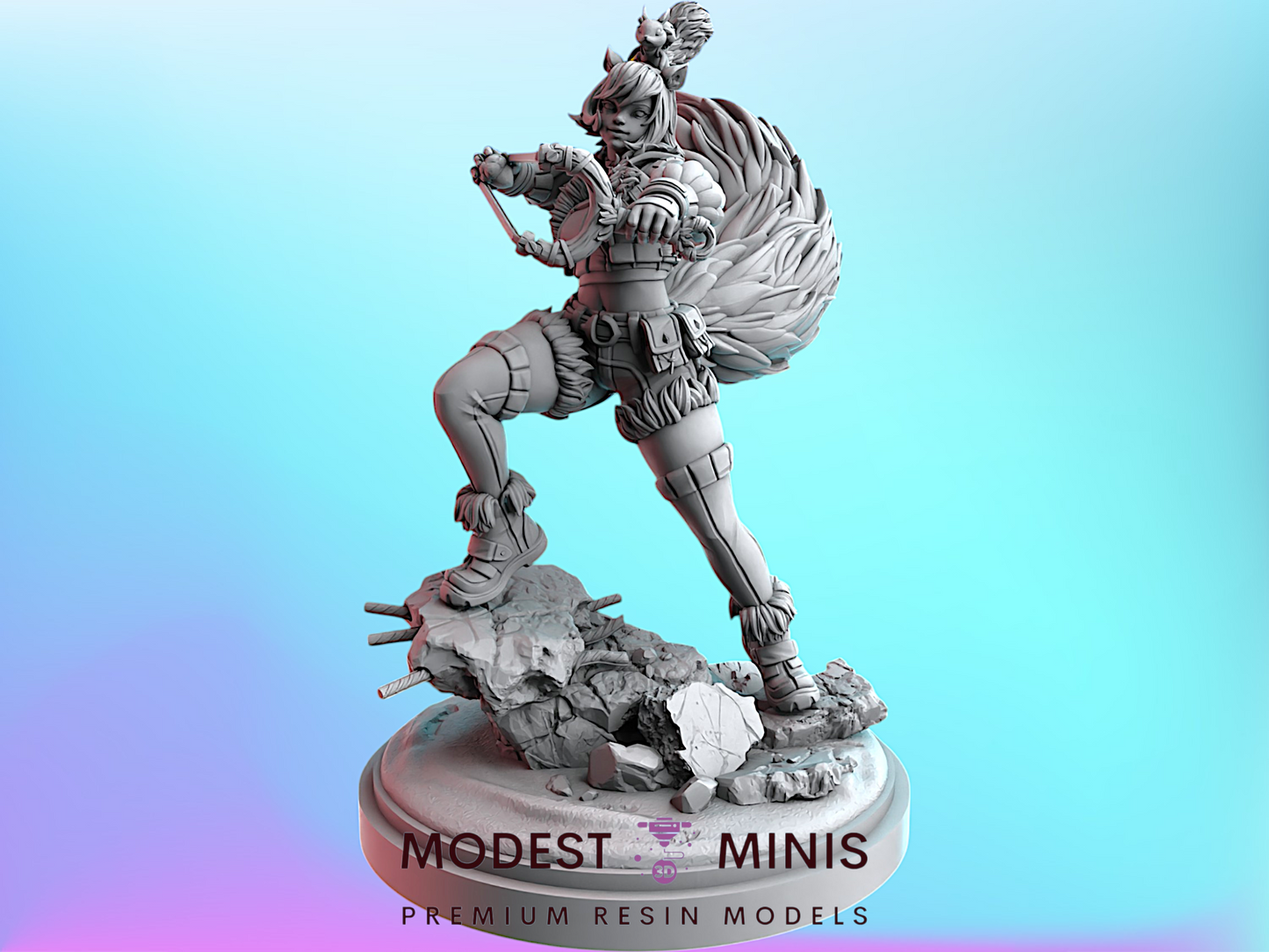 A 3D model of a female character with a large, feathered headdress, standing on a rocky base and holding a weapon.
