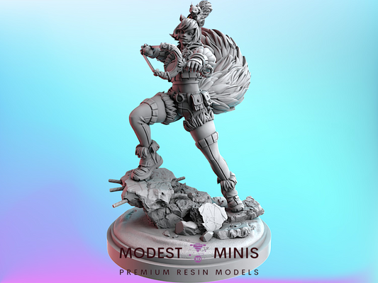 A 3D model of a female character with a large, feathered headdress, standing on a rocky base and holding a weapon.