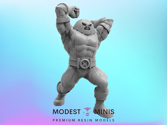 A 3D model of a muscular, armored character with a determined expression, standing in a fighting stance.