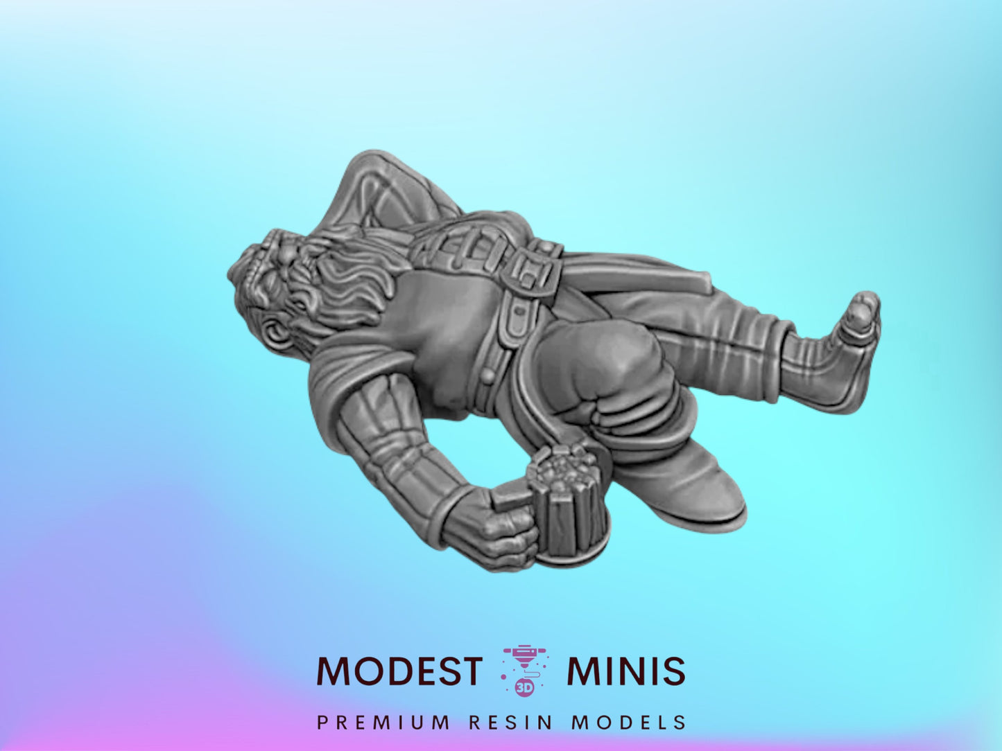 A 3D model of a character in a lying down position, with a beer mug in their hand, against a blue background.