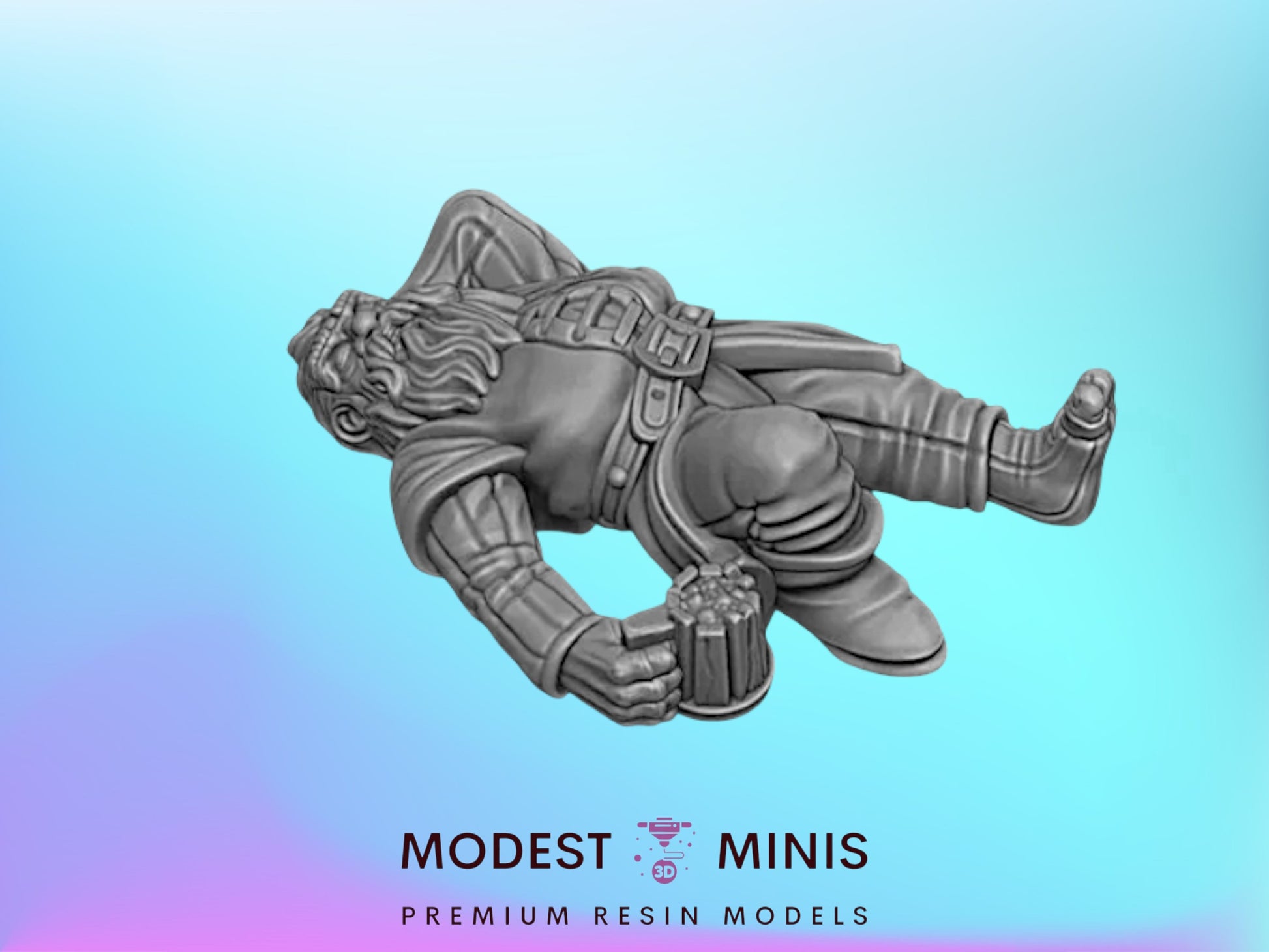 A 3D model of a character in a lying down position, with a beer mug in their hand, against a blue background.
