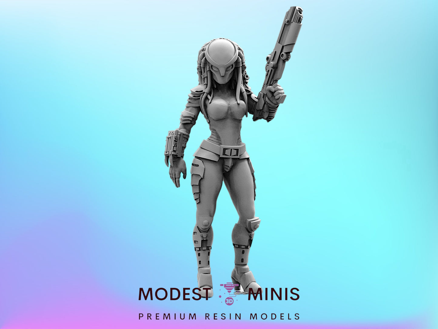 A 3D model of a female character holding a weapon, standing against a blue background.
