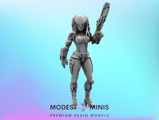 A 3D model of a female character holding a weapon, standing against a blue background.