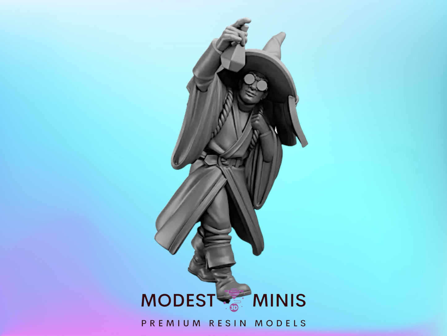 A statue of a wizard or magical figure wearing a pointed hat and holding a staff, standing against a blue background.