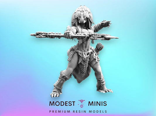 A statue of a warrior figure with a fierce expression and wielding weapons, set against a blue background.