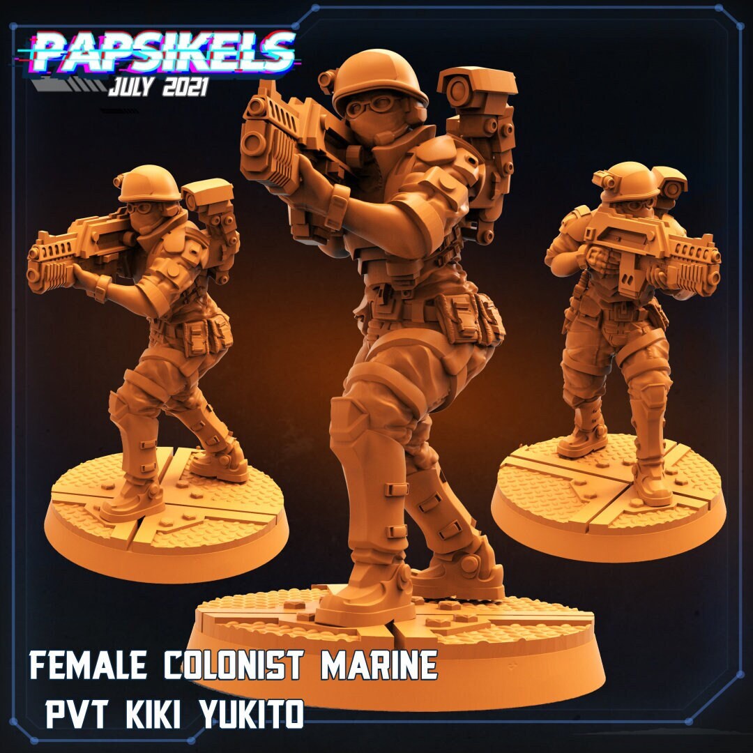 Female Space Marine Kiki - 32mm Scale Alien Miniature | RPG | Sci fi | Cyberpunk | Role Playing | DnD | Papsikel