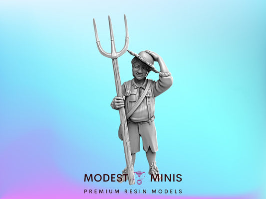 A statue of a farmer holding a pitchfork, with the text "MODEST MINIS PREMIUM RESIN MODELS" below the image.