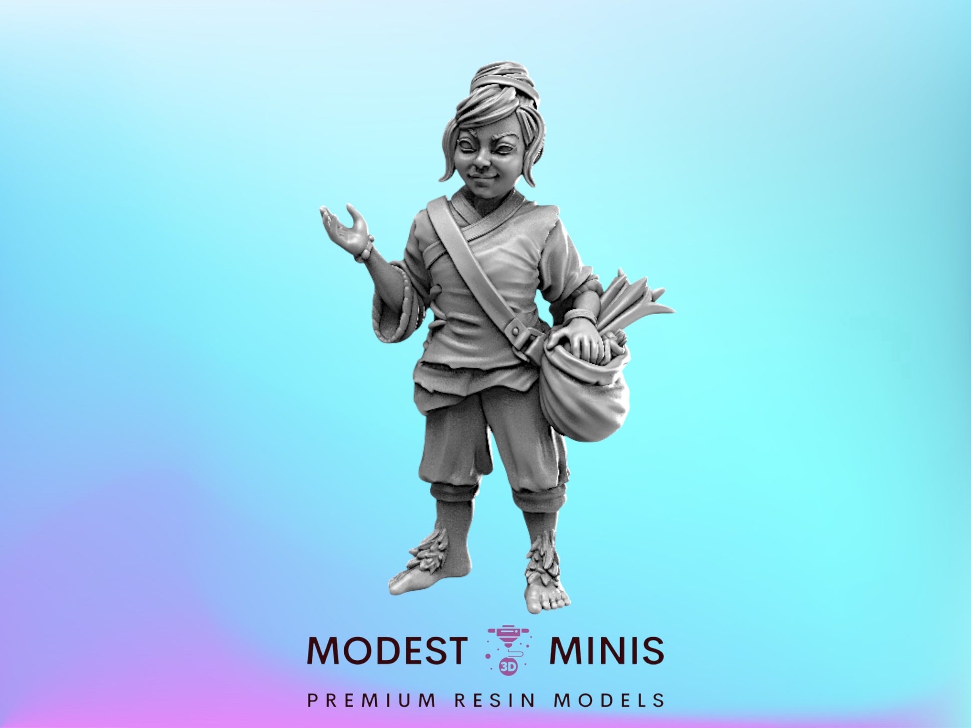 A statue of a person standing and holding a bag, with a blue background.