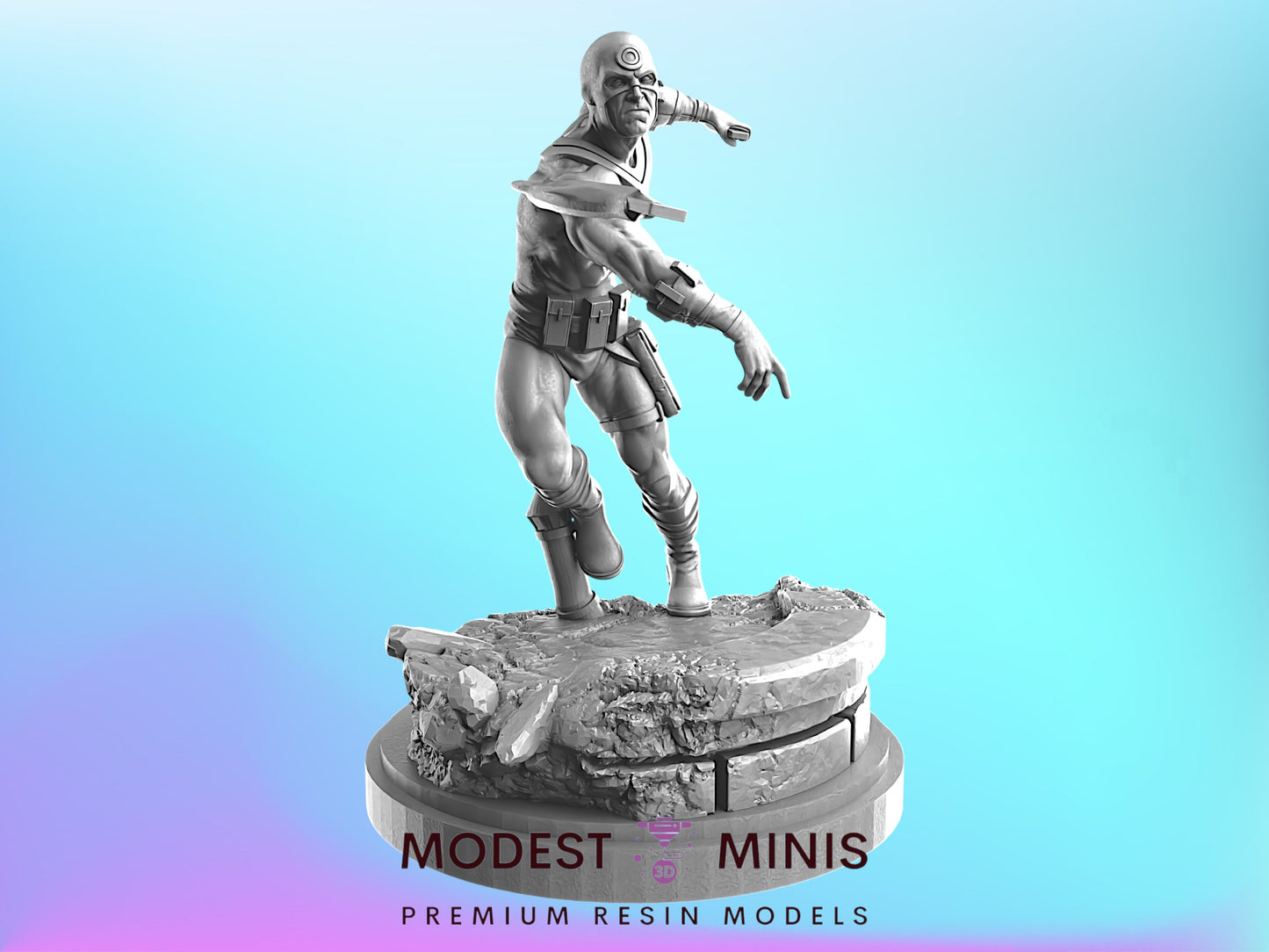 A 3D model of a superhero character standing on a pedestal, with the text "MODEST MINIS PREMIUM RESIN MODELS" below the figure.