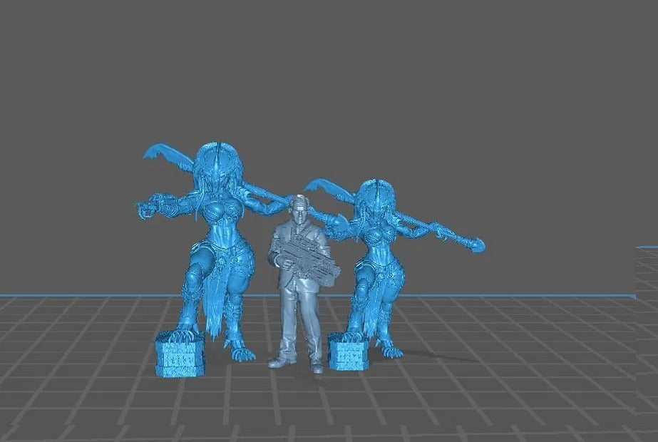 A 3D rendering of a man standing between two blue, fantastical-looking creatures with wings, one of which is holding a weapon.
