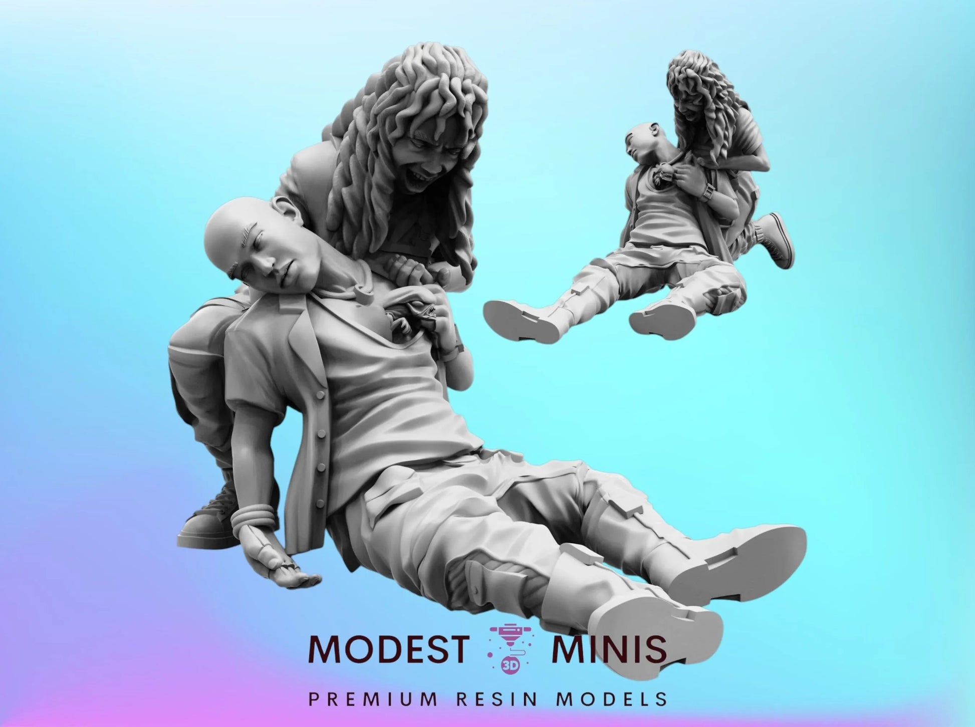 The image is a collage of three 3D models depicting people in various poses, including one person lying down and another person sitting. The text "MODEST MINIS. PREMIUM RESIN MODELS" is displayed at the bottom of the image.