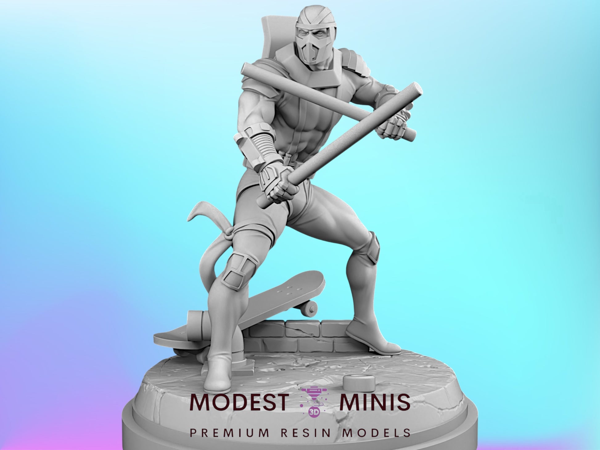 A 3D model of a character in a fighting stance, holding a weapon and standing on a platform.