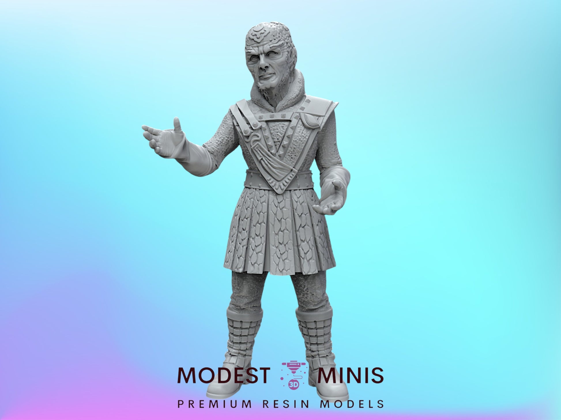 A statue of a man in a medieval-style outfit, standing against a blue background.