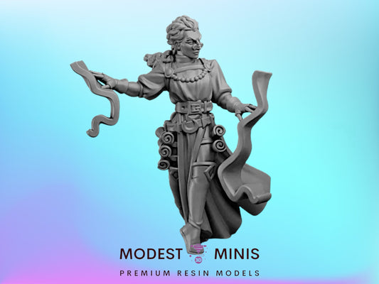 a statue of a woman with a flowing robe and holding a scroll, set against a blue background.