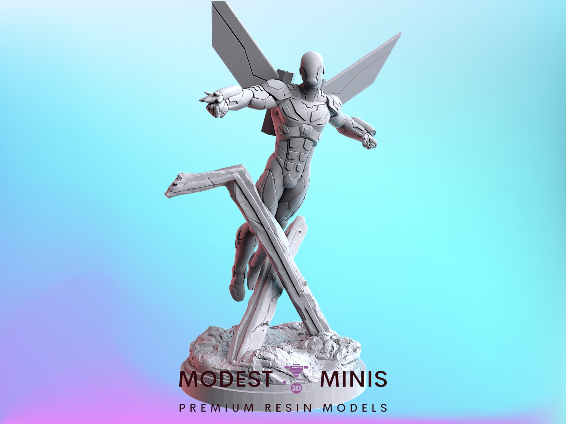 A 3D model of a winged, armored figure with a mechanical appearance, standing on a rocky base against a blue background.