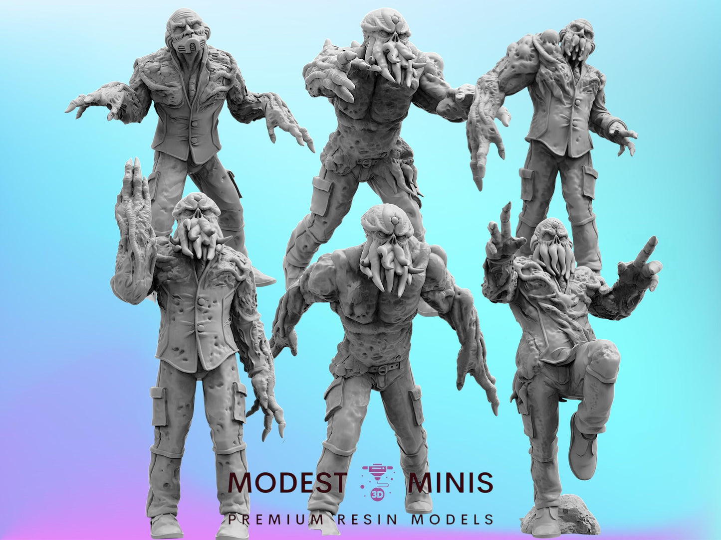 6pc Voteless Squid Mind Zombie Set - 32mm Scale Alien Miniature | RPG | Sci fi | Role Playing | DnD | Papsikel