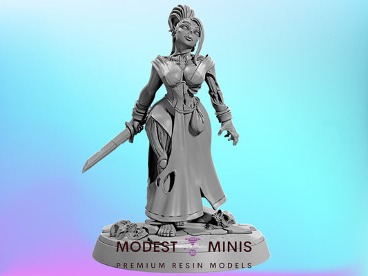 A statue of a woman holding a sword, standing on a pedestal with the text "MODEST MINIS PREMIUM RESIN MODELS" below it.