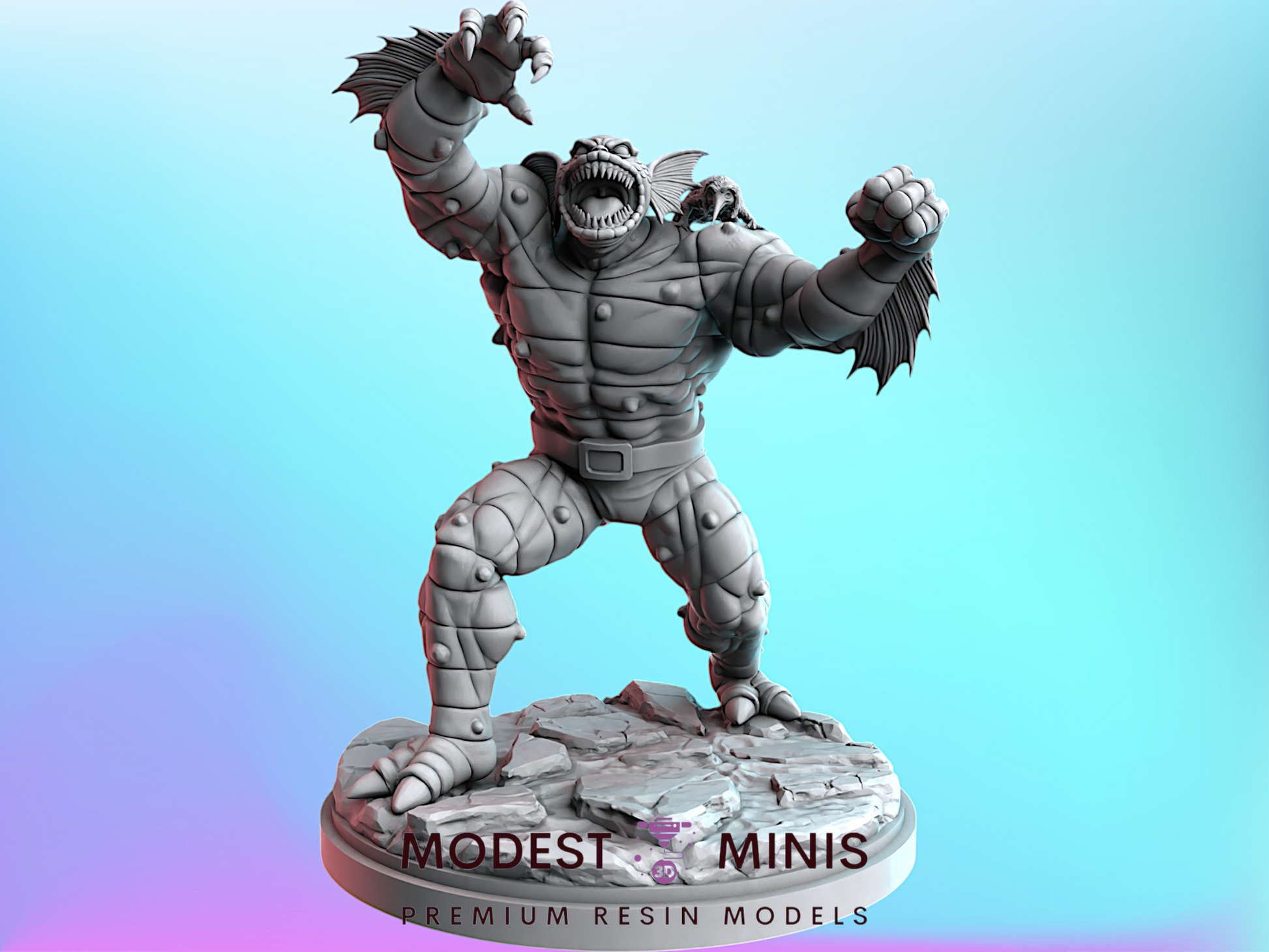 A 3D model of a muscular, armored creature with sharp teeth and claws, standing on a rocky base and appearing to be in a fighting stance.