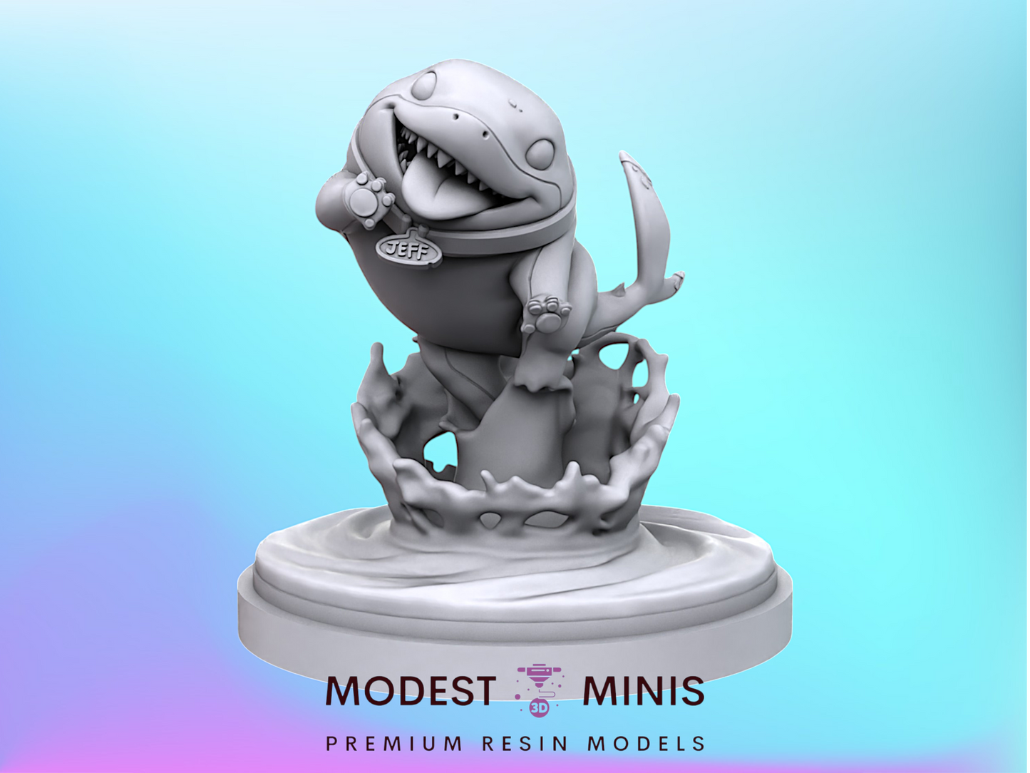A 3D model of a shark-like creature with a friendly expression, standing on a platform and smiling.
