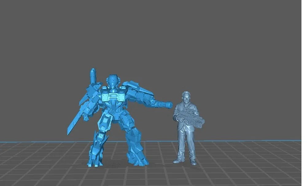 A 3D rendering of a blue robot-like figure and a smaller human figure standing together in a gray background.