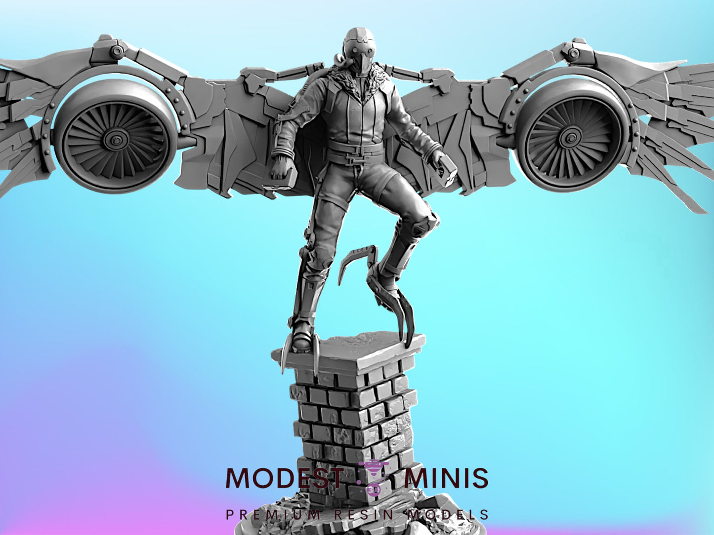 A 3D model of a winged figure standing on a brick pedestal, with two large wing-like structures on either side.