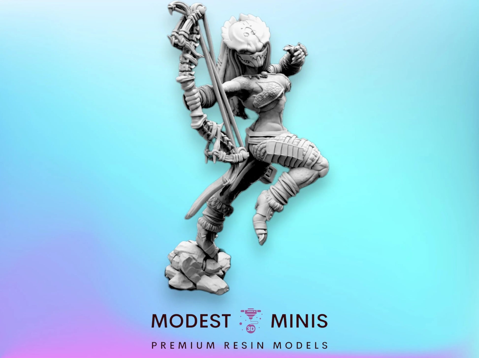 A 3D model of a female character with a fierce expression, holding a weapon and standing on a rock.