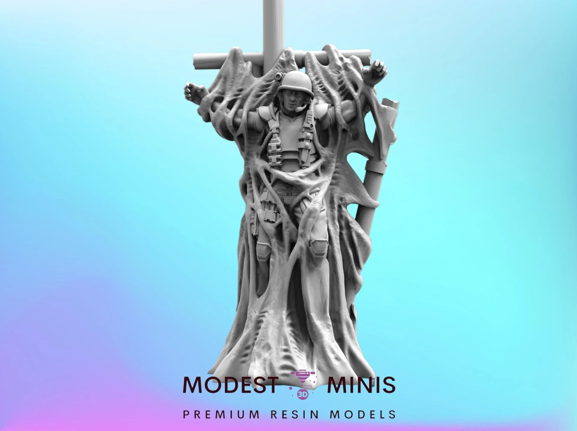 a statue of a soldier with a cross on his back, set against a blue background.
