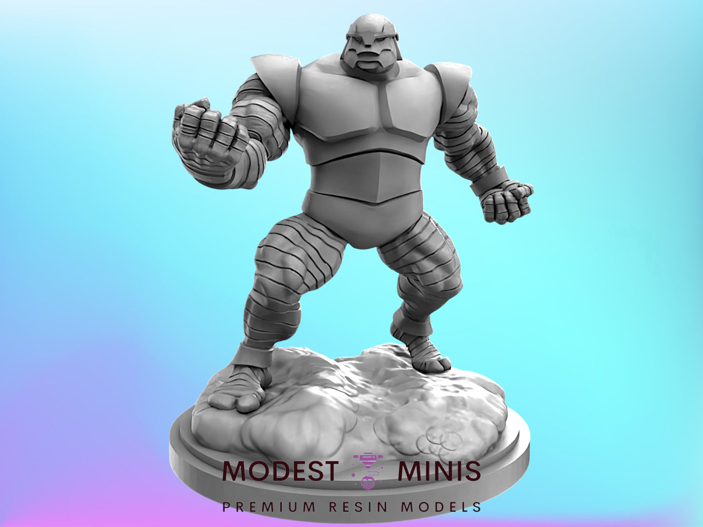 A 3D model of a muscular, armored character with a determined expression, standing on a base and appearing ready for action.